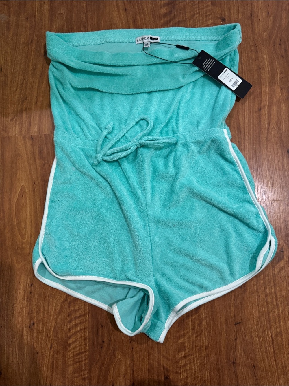 Fashion Nova Mint Green Strapless Terry Romper Shorts